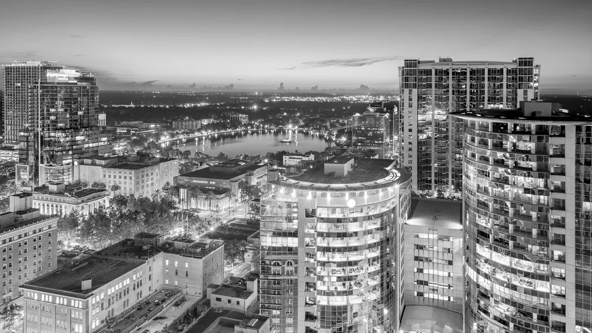 Orlando Florida aerial cityscape towards Eola Lake